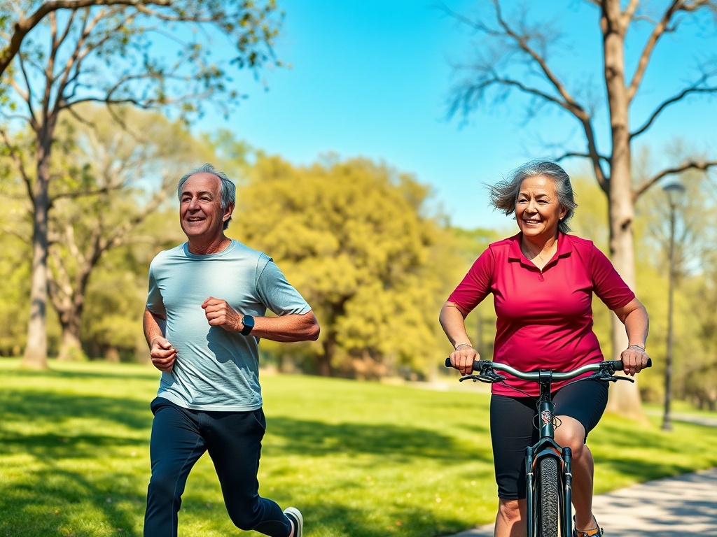 Два человека занимаются спортом в парке: мужчина пробегает, а женщина едет на велосипеде, оба улыбаются.