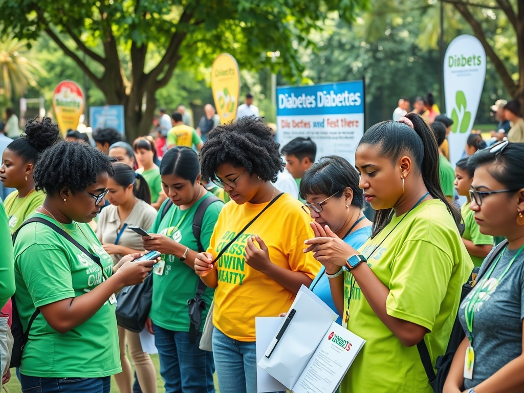 Группа людей в яркой одежде обсуждает вопросы диабета на улице, многие используют свои телефоны.