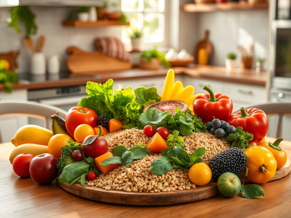 На столе расположены свежие овощи и фрукты, окруженные крупами, в уютной кухне.