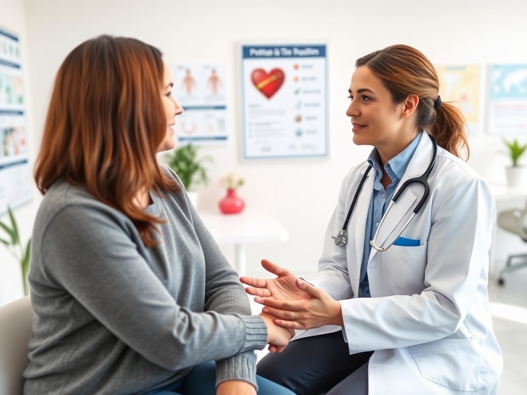 Врач беседует с пациенткой в медицинском кабинете, обсуждая её здоровье и лечение.