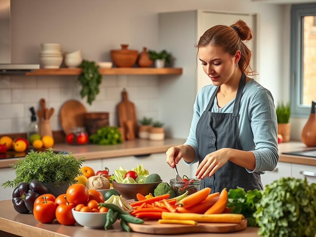 Женщина в фартуке готовит на кухне, окружённая свежими овощами и фруктами.