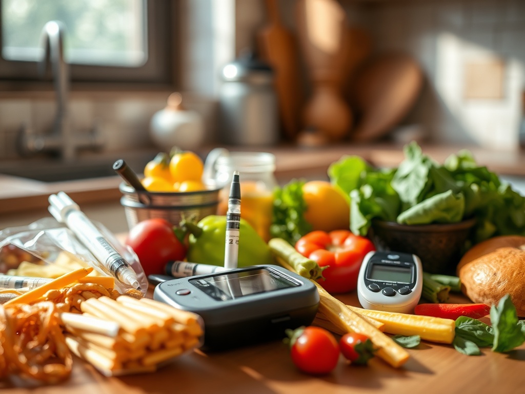 Набор для контроля уровня сахара с продуктами: овощи, фрукты, прибор для измерения и шприцы.